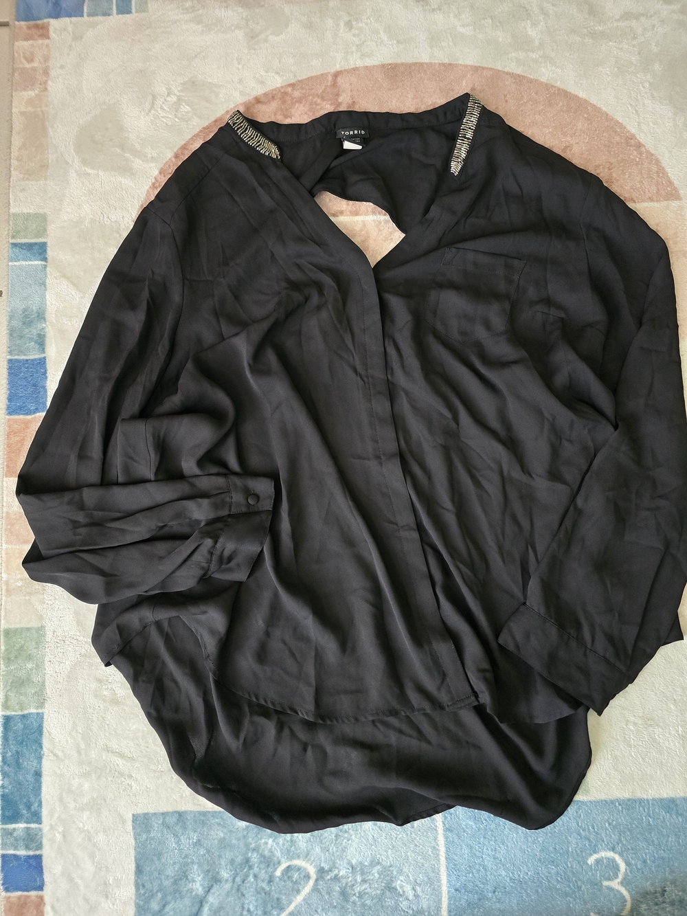 torrid Black Long Sleeve V-Neck Blouse with Embellished Shoulders